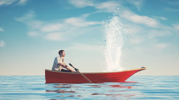 Man in a sinking boat . Journey and obstacle concept . This is a 3d render illustration .