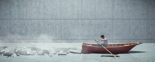 Uomo Che Rema Una Barca Sul Pavimento Cemento Motivazione Concetto — Foto Stock