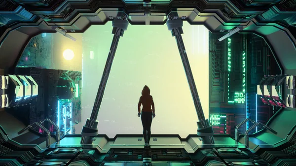 有一个女人站在建筑上的反乌托邦城市 科幻小说的概念这是一个3D渲染说明 — 图库照片
