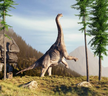 Dağlardaki Brachiosaurus 'lar. Bu 3 boyutlu bir çizim..