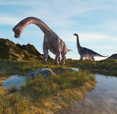 Dağlardaki Brachiosaurus 'lar. Bu 3 boyutlu bir çizim..