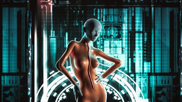 Futuristic female model in front of data screen . Meta verse and virtual reality concept . This is a 3d render illustration .