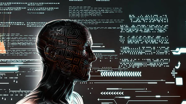 Futuristischer Cyborg Vor Dem Datenbildschirm Metaverse Und Virtual Reality Konzept — Stockfoto