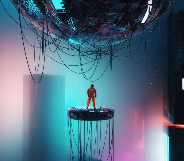 Astronaut Står Futuristisk Plattform Vid Dimmig Dystopisk Stad Detta Render — Stockfoto