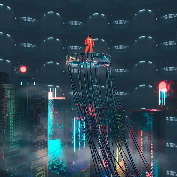 Űrhajós Áll Futurisztikus Platformon Egy Ködös Disztópikus Városban Egy Renderelés — Stock Fotó
