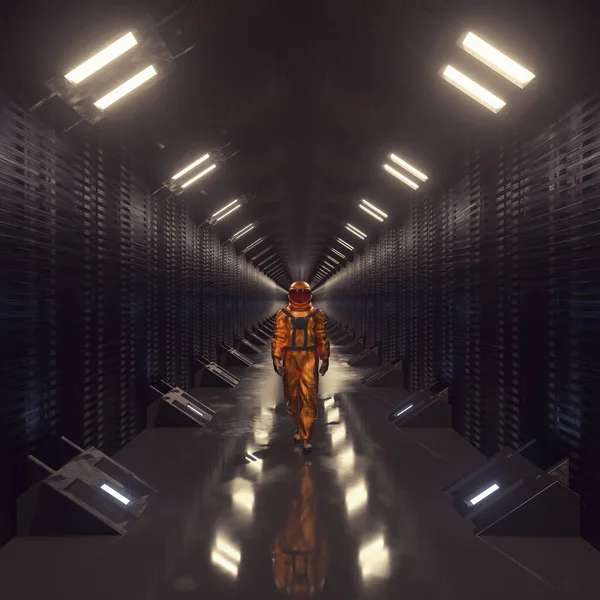 Astronauta Cammina Futuristico Tunnel Buio Questa Illustrazione Rendering — Foto Stock