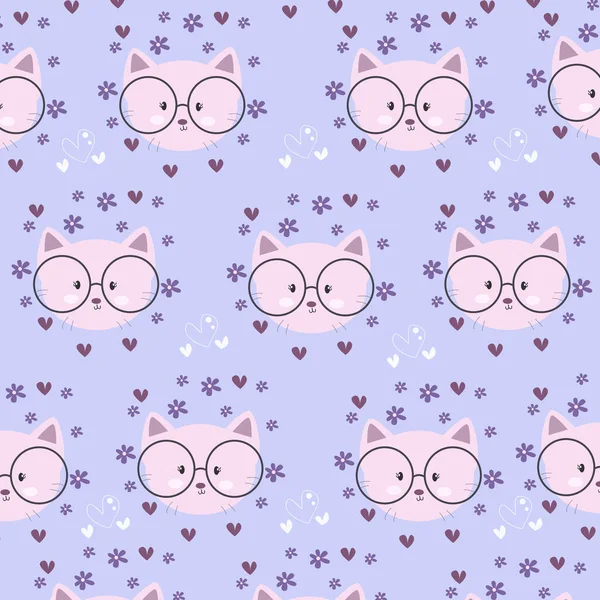 Vector Illustration Purple Cute Cat Seamless Pattern — 图库矢量图片