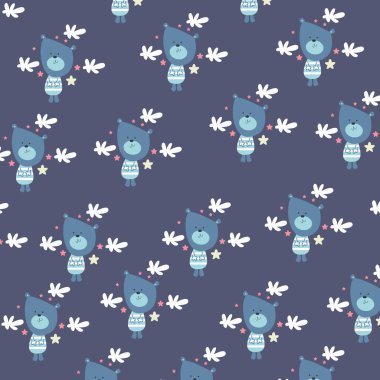 Mavi arka planda, kusursuz desenli şirin ayının vektör çizimi. yüksek kalite vektör tasarımı. Düzenlemesi kolay