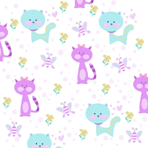 Vector Illustration Cute Cat Beautiful Butterfly Seamless Pattern High Quality — Wektor stockowy