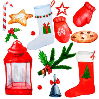 Geleneksel dekor, kurabiye ve şekerlerle mutlu noeller ve yeni yıl seti. Noel havası için suluboya elementler.