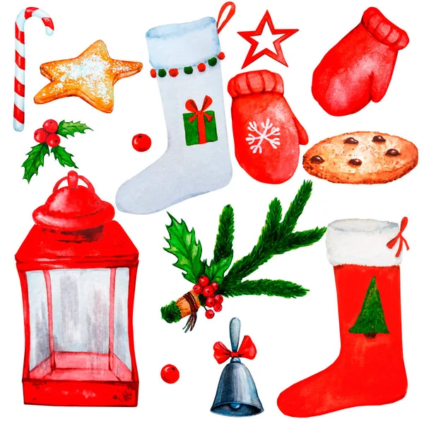 Geleneksel dekor, kurabiye ve şekerlerle mutlu noeller ve yeni yıl seti. Noel havası için suluboya elementler.