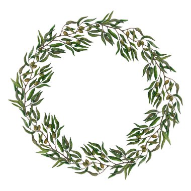 Watercolor wreath of olive branches with fruits. Hand painted floral circle border with olive fruit and tree branches isolated on white background. For design, print and fabric.