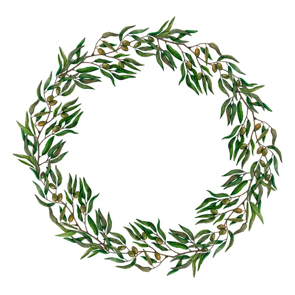Watercolor Wreath Olive Branches Fruits Hand Painted Floral Circle Border — Stockfoto