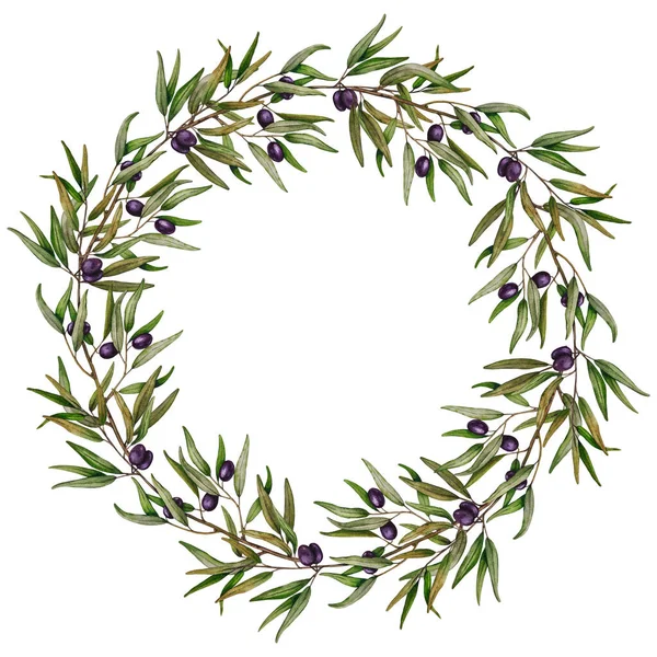 Watercolor Wreath Olive Branches Fruits Hand Painted Floral Circle Border — Stok fotoğraf