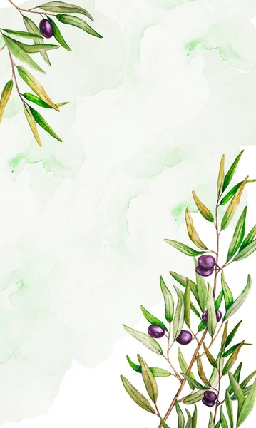 オリーブの木の枝と黒のオリーブと水彩カード デザイン 印刷のための植物イラスト デザイン結婚式 固定挨拶 ポスター 背景のための挨拶テンプレート — ストック写真