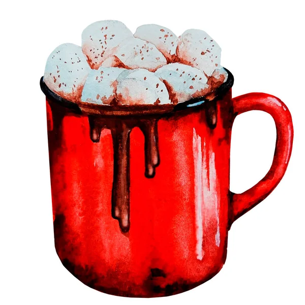 Caneca Vermelha Com Bebida Quente Marshmallow Watercolor Ilustração Para Cartões — Fotografia de Stock
