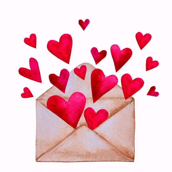 红心的手工信封 喜庆的心 情人节手绘水彩画设计图 — 图库照片#