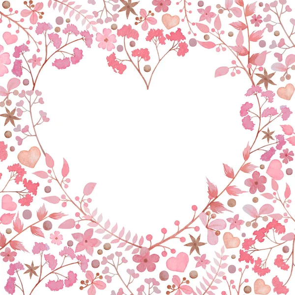 Różowy Akwarela Kwiaty Kształcie Serca Puste Miejsce Wstawiania Pojęcie Miłości — Zdjęcie stockowe