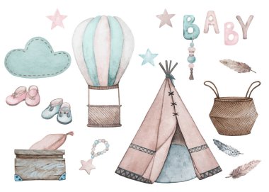  Oyunlar için çocuk çadırı, sıcak hava balonu, bulut, bebek harfleri, oyuncaklar, bebek poposu ve diğer suluboya elementler. El yapımı boho tasarım elementleri. Logo, bebek tekstili, baskı, çocuk dekorasyonu, çocuk odası dekorasyonu