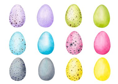 Paskalya yumurtaları. Tasarım için pastel renklerdeki suluboya elementler.