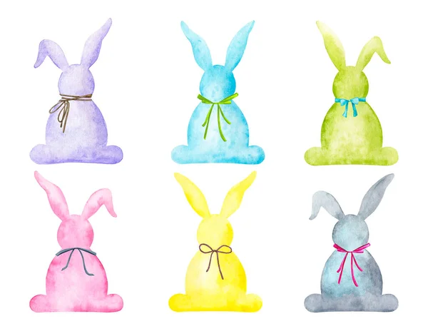 Set of Easter Bunnies. Watercolor elements for holiday design. Violet, blue, light green, pink, yellow and gray-blue rabbit silhouette. Traditional symbol of Easter