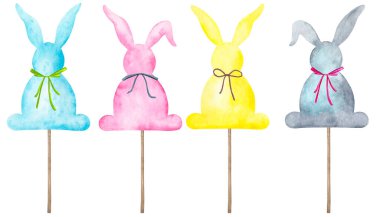 Çubukta bir çift Paskalya tavşanı. Tatil tasarımı için suluboya elementler. Mavi, pembe, sarı ve gri-mavi tavşan silueti. Paskalya 'nın geleneksel sembolü