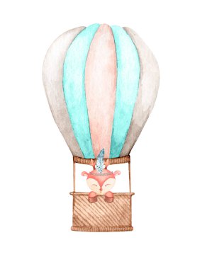 Sıcak hava balonunda tatlı bir geyik. Boho tarzı. Parmak izi, kart, davetiye, poster, etiket ve diğer şeyler için beyaz arkaplanda el çizimi suluboya