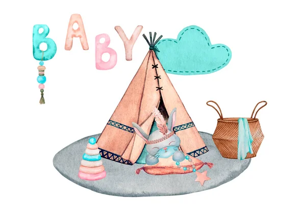 Wigwam Bambini Giochi Con Coniglietto Addormentato Cuscino Acquerello Disegnato Mano — Foto Stock