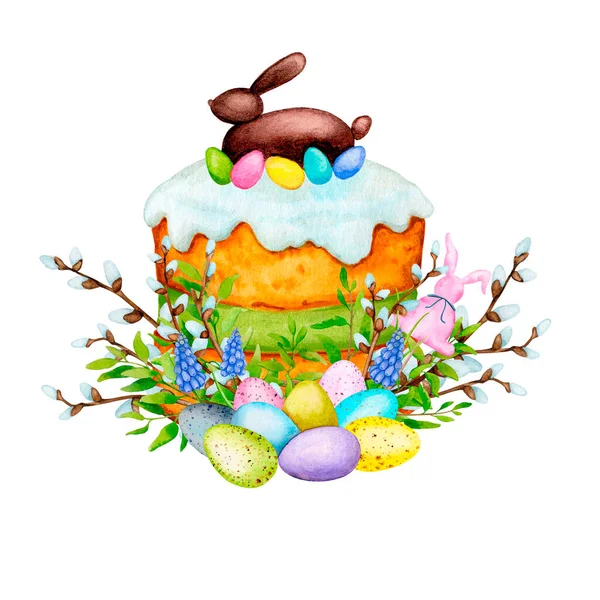 Torta Pasqua Con Glassa Decorata Con Lepre Cioccolato Uova Salice Foto Stock