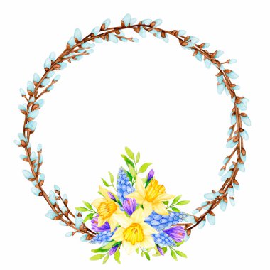 Bahar çiçekleriyle süslenmiş söğüt dallarının yuvarlak çerçevesi. Doğal dekorasyon. Tebrik kartı tasarımı, düğün davetiyeleri, doğum günü, anneler günü, posterler, tekstil, etiketler, yazılı logo için..