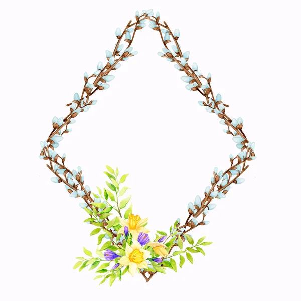 Diamantrahmen Aus Weidenzweigen Die Mit Frühlingsblumen Geschmückt Sind Natürlicher Schmuck — Stockfoto