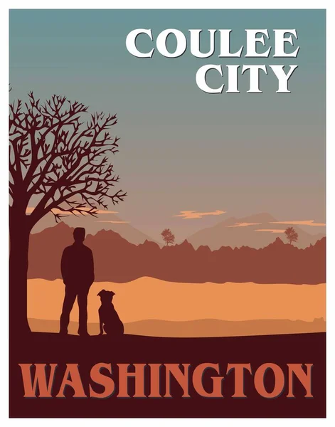 Coulee City Silhouettes Man His Dog — Stockový vektor