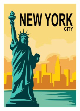 new york city with statue of liberty silhouette