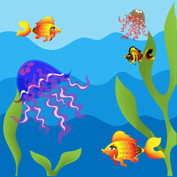 Цветные Медузы Рыба Голубой Воде Зелеными Водорослями — стоковый вектор