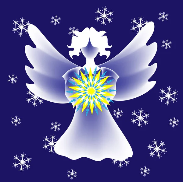 Angel Holds Christmas Star Sky Snowflakes — Stock Vector