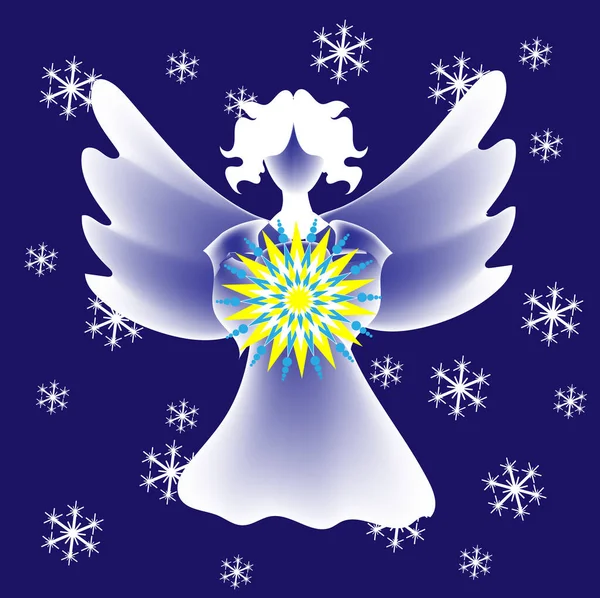 Angel Holds Christmas Star Sky Snowflakes — стоковый вектор