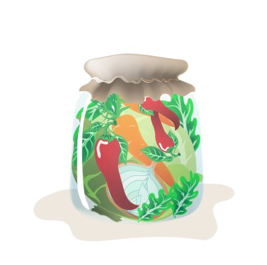 Cam bir kavanozda, kağıt kapağın altında hafif bir arka planda sebzeler.