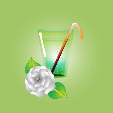 Refreshing drink in a glass with a straw and a flower on a green background