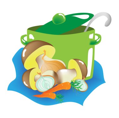 Fresh porcini mushrooms, onions, carrots with a saucepan and ladle on a napkin
