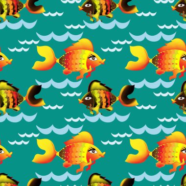 Japon balığının kusursuz deniz deseni ve turkuaz bir arka planda dalgalar.