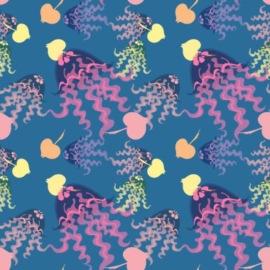 Mavi arka planda kusursuz denizanası ve vatoz deseni.