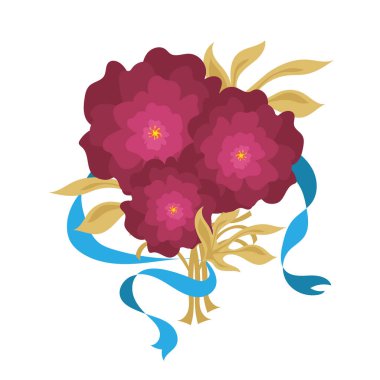 Yaprakları ve mavi kurdelesi olan, pembe renkli üç şakayık buketi.