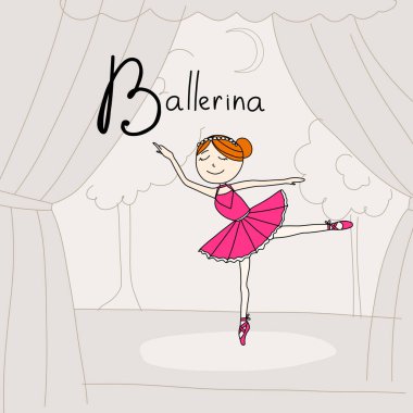 Vektör çizimi. B bir balerin. Çizgi film tarzı. Kart alfabesi. B harfi.