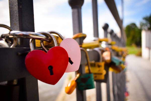 hearts padlocks railing bridge in love forever