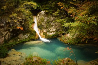 Turkuaz gölün üzerinde şelale ve portakal ve kahverengilerle kaplanmış sonbahar yaprakları.