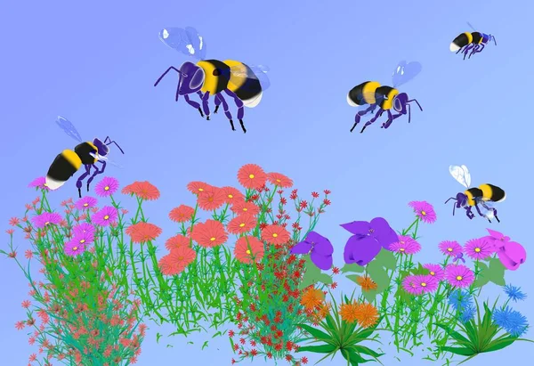 Illustration Bin Som Flyger Över Blommor Och Växter Platt Stil — Stockfoto