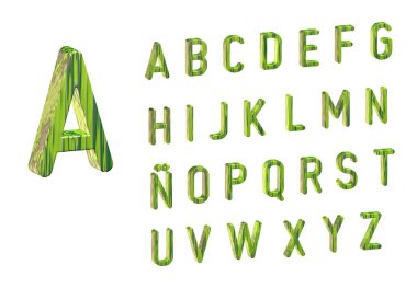 Tahta alfabenin 3 boyutlu çizimi. A 'dan Z' ye büyük harflerle. Yeşil renk.