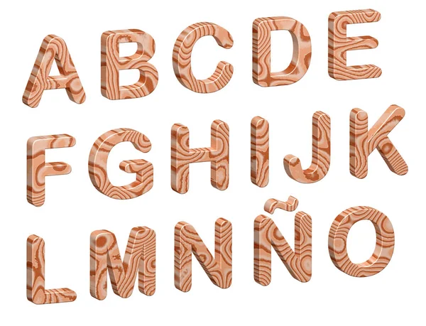 天然木のアルファベットの3Dイラスト 大文字のAからOへの手紙 白い背景で切り取られた — ストック写真
