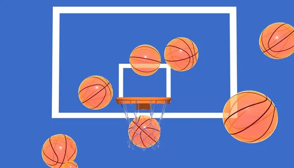 Basketbol toplarının potaya çıkışının 3 boyutlu bir çizimi ve sayı. Mavi arkaplanda parlak renklerle grafiksel bir tasvir. Ön görünüm.