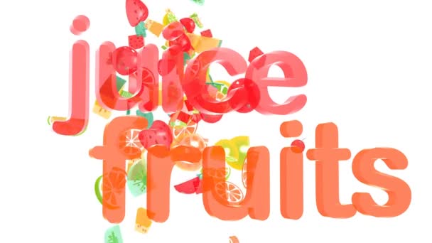 ジュース フルーツ という言葉の隣に浮かんで宇宙に移動する果物の3Dアニメーション 果実色では 白い背景に透明です — ストック動画